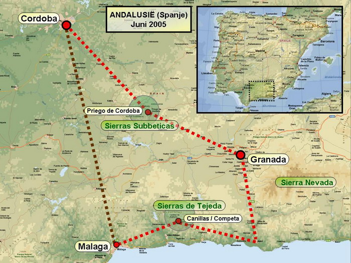 Reisroute / Kaart In juni 2005 ging ik met Anders Reizen 10 dagen naar Andalusië in het zuiden van Spanje. Op het programma stonden wandelingen in de natuurgebieden van Sierras de Tejeda en Sierras Subbeticas en langsheen pittoreske witte dorpjes. De hoogtepunten waren vooral het bezoek aan de prachtige steden Granada en Cordoba met hun moorse invloeden. Stefan Cruysberghs